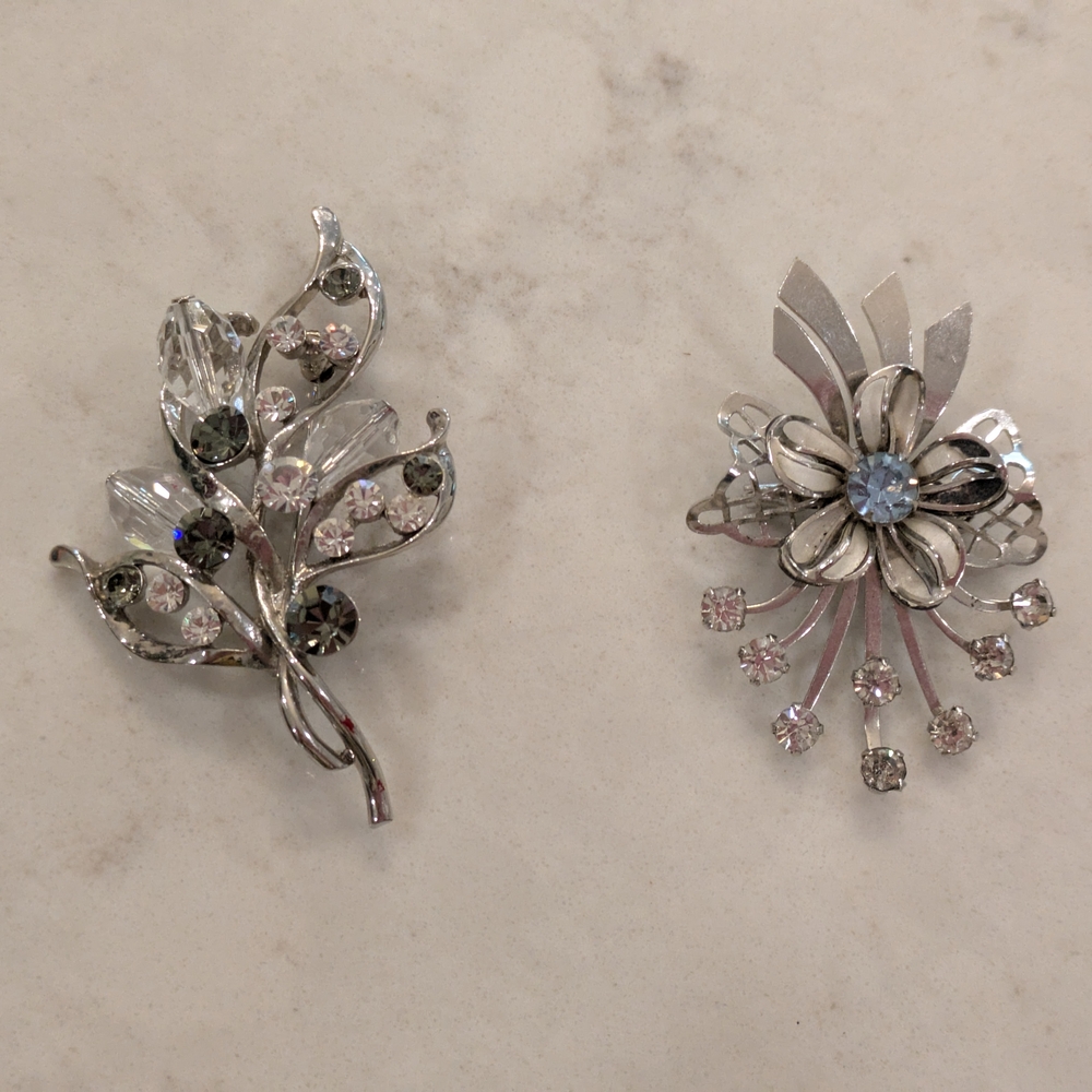 Vintage Silver and Crystal Flowers Rhinestone Brooches Set Of 2
